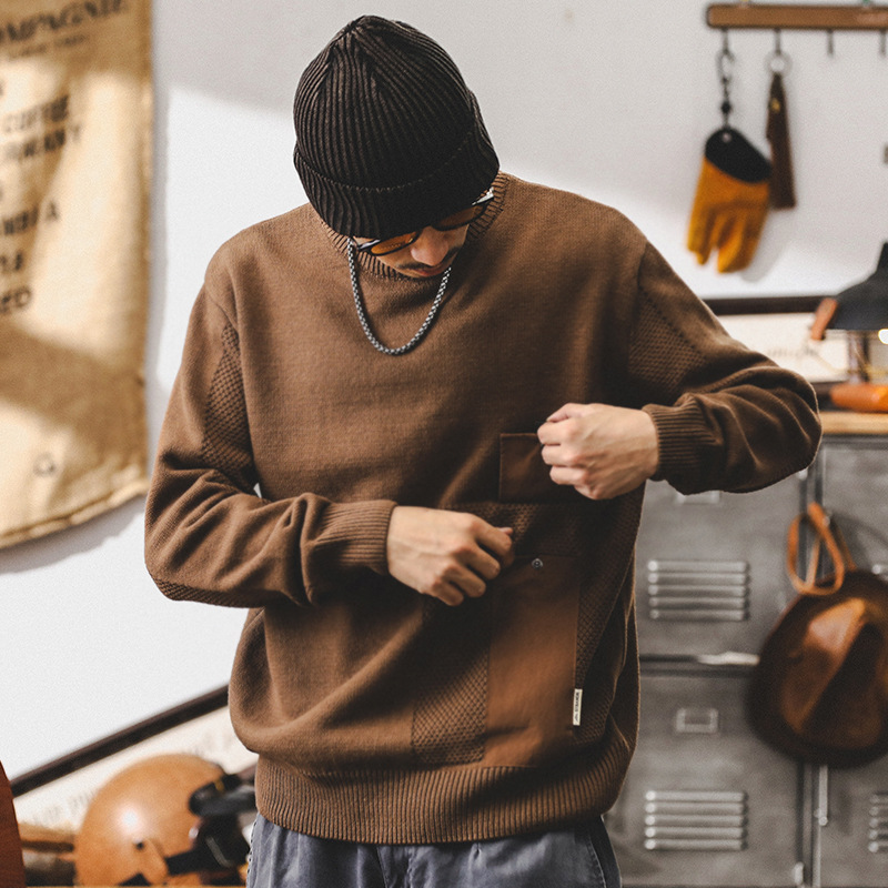 美式復古重磅針織衫男款冬季潮牌口袋拼接毛衣慵懶風男士寬鬆上衣