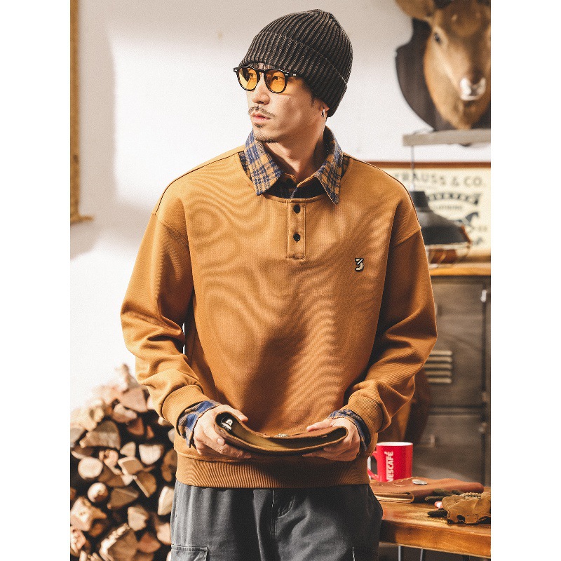 美式復古360g重磅衛衣男秋季潮牌寬鬆休閒襯衫領假兩件外套男春秋