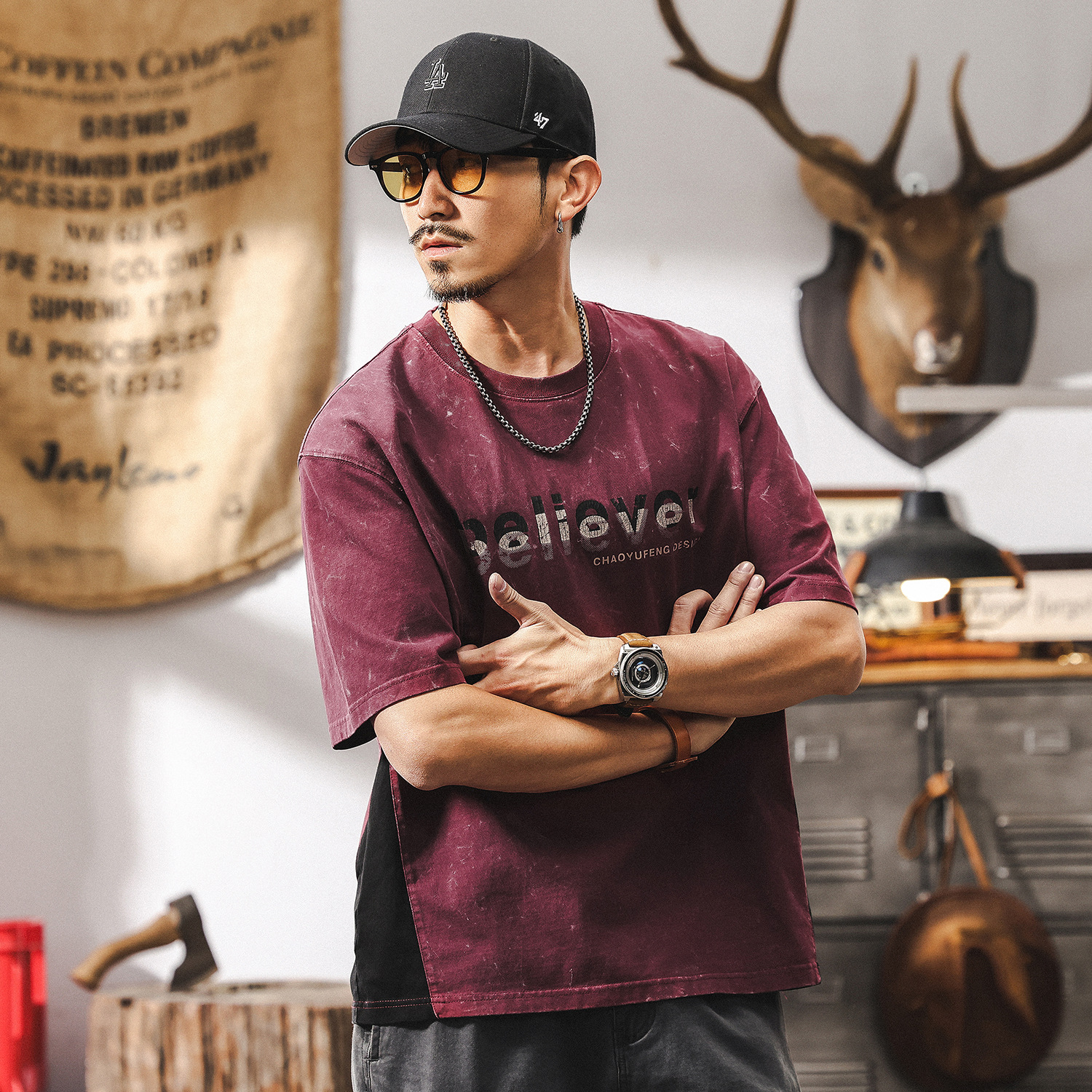 美式復古做舊水洗重磅T恤男夏季短袖2025新款潮牌酒紅色上衣