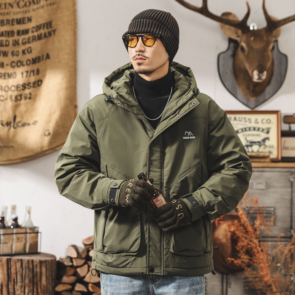 美式復古高充絨蓬鬆連帽冬季羽絨服男加厚90白鴨絨保暖禦寒外套男