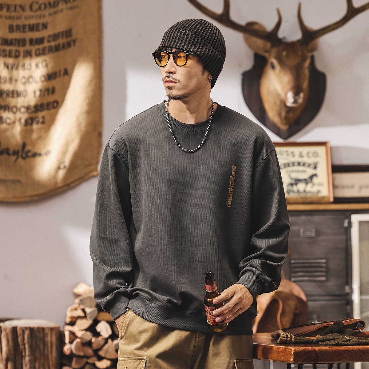 美式復古380g重磅圓領衛衣男春秋潮牌2025新款寬鬆休閒長袖上衣男