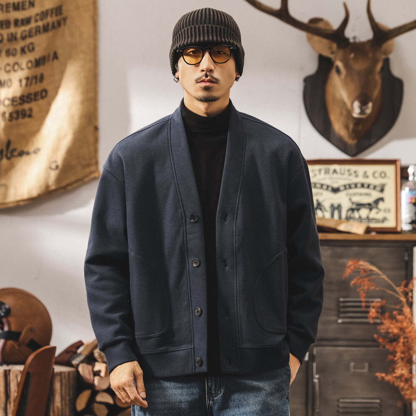 美式復古華夫格開衫外套男春秋慵懶風重磅衛衣寬鬆休閒外套男秋冬