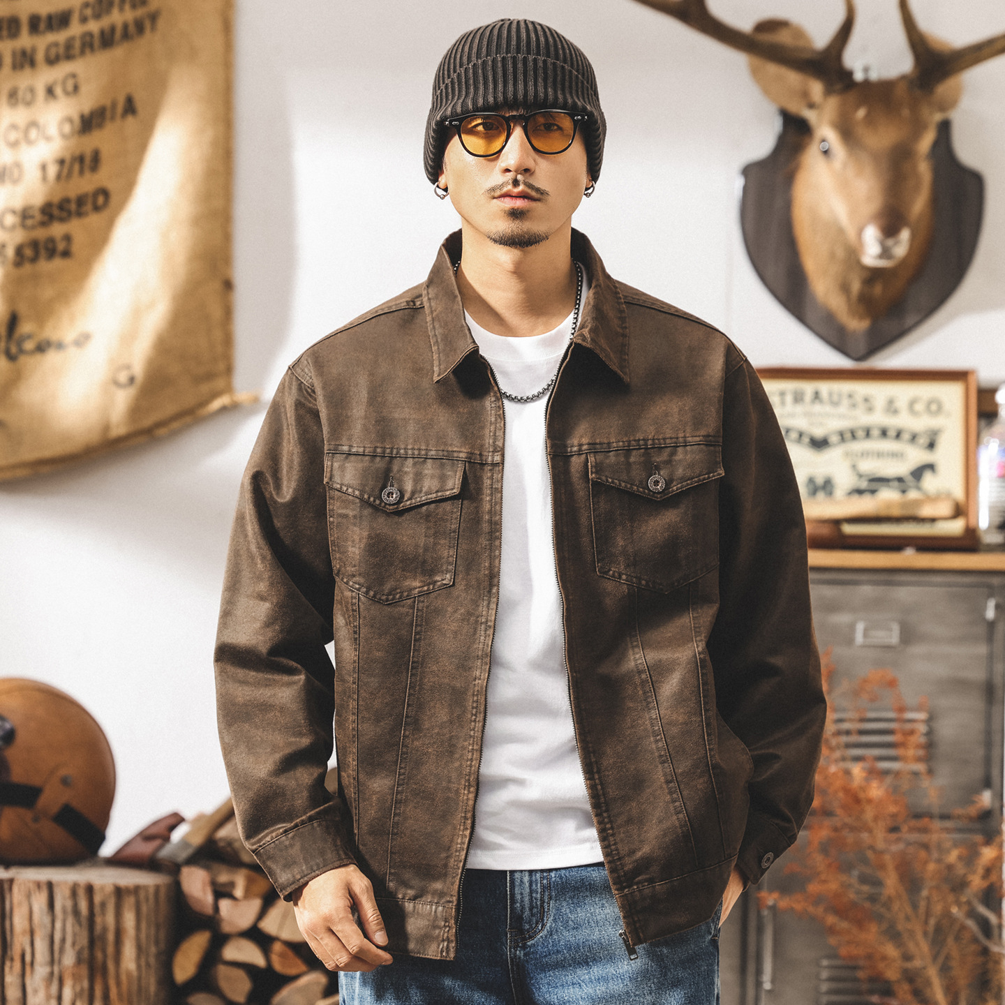 美拉德復古工裝南方夾克男春秋款油蠟仿皮感痞帥秋季美式機車外套