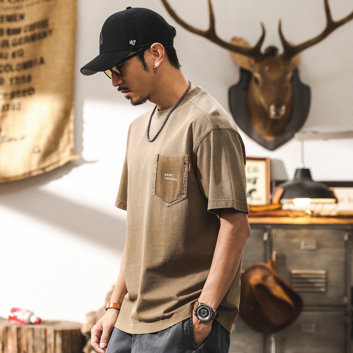 美式復古260g重磅短袖T恤男夏季潮牌漸變水洗寬鬆半袖上衣男