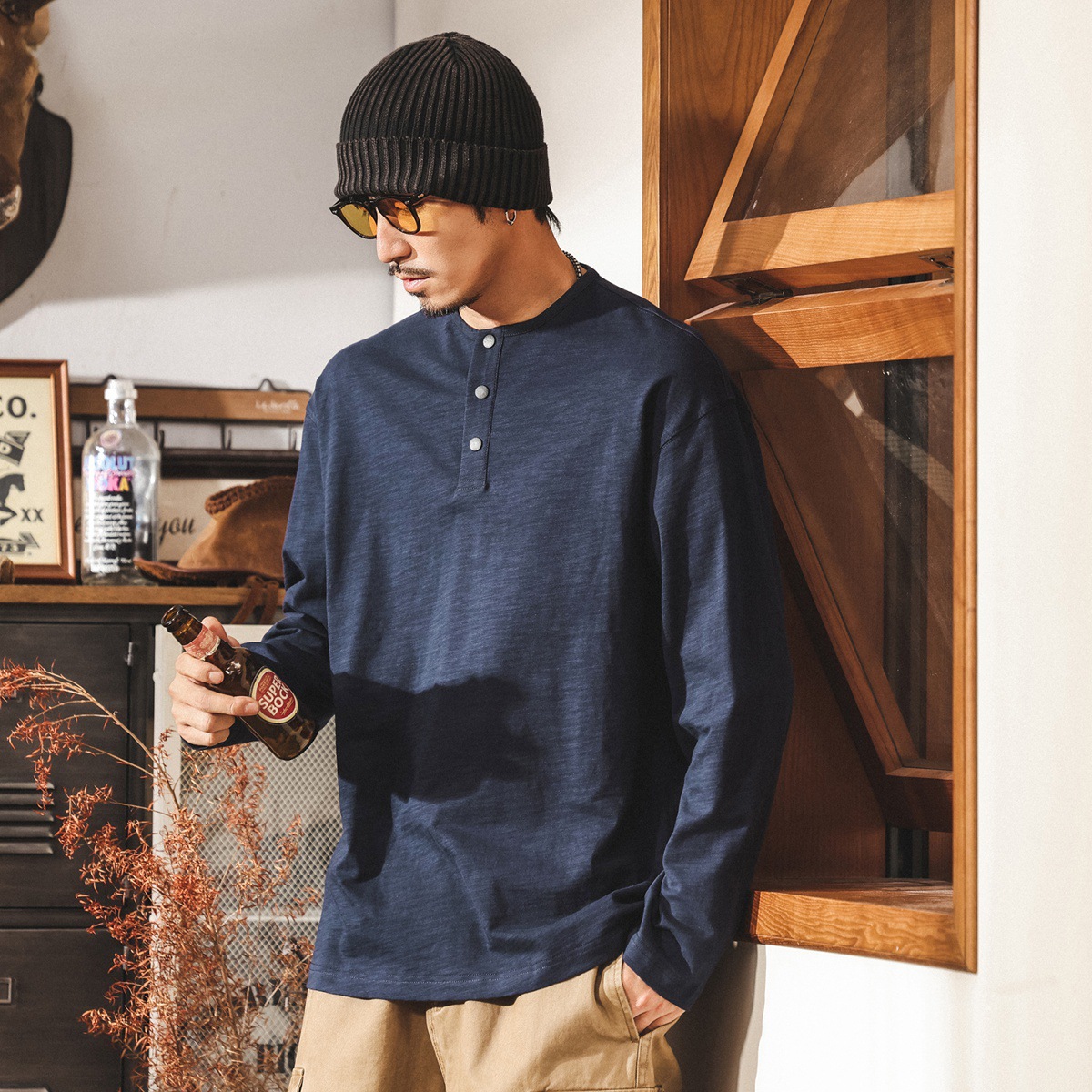 美式復古280g重磅竹節棉t恤男秋季新款潮流亨利領長袖polo衫