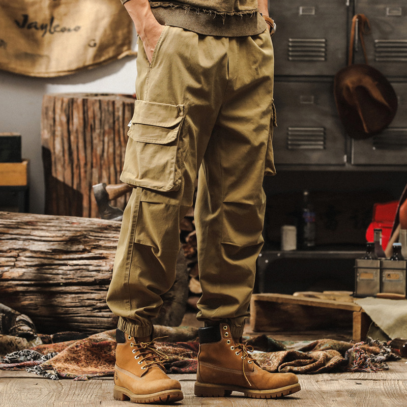 美式復古卡其色工裝褲子男秋季重磅寬鬆休閒褲硬漢獵裝機能束腳褲