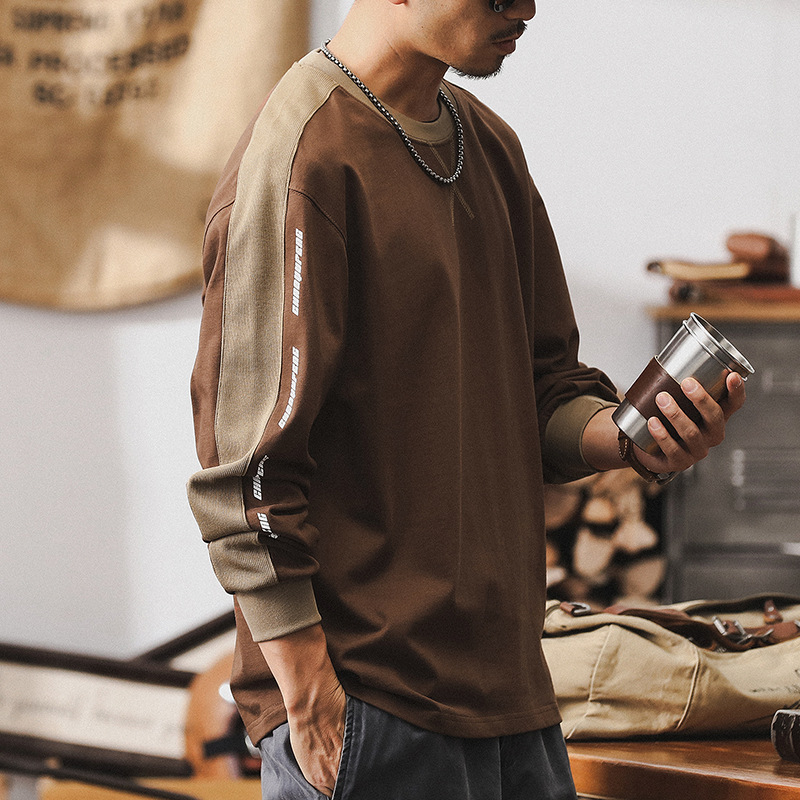 傑雷諾美式複古撞色拼接長袖t恤男潮牌寬松休閑上衣秋季男裝