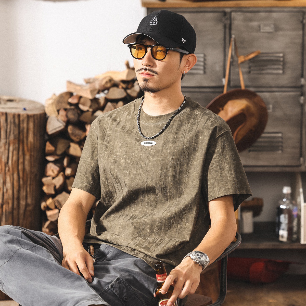 夏季新款高級感提花短袖t恤男美式潮流設計寬鬆休閒半袖男士上衣