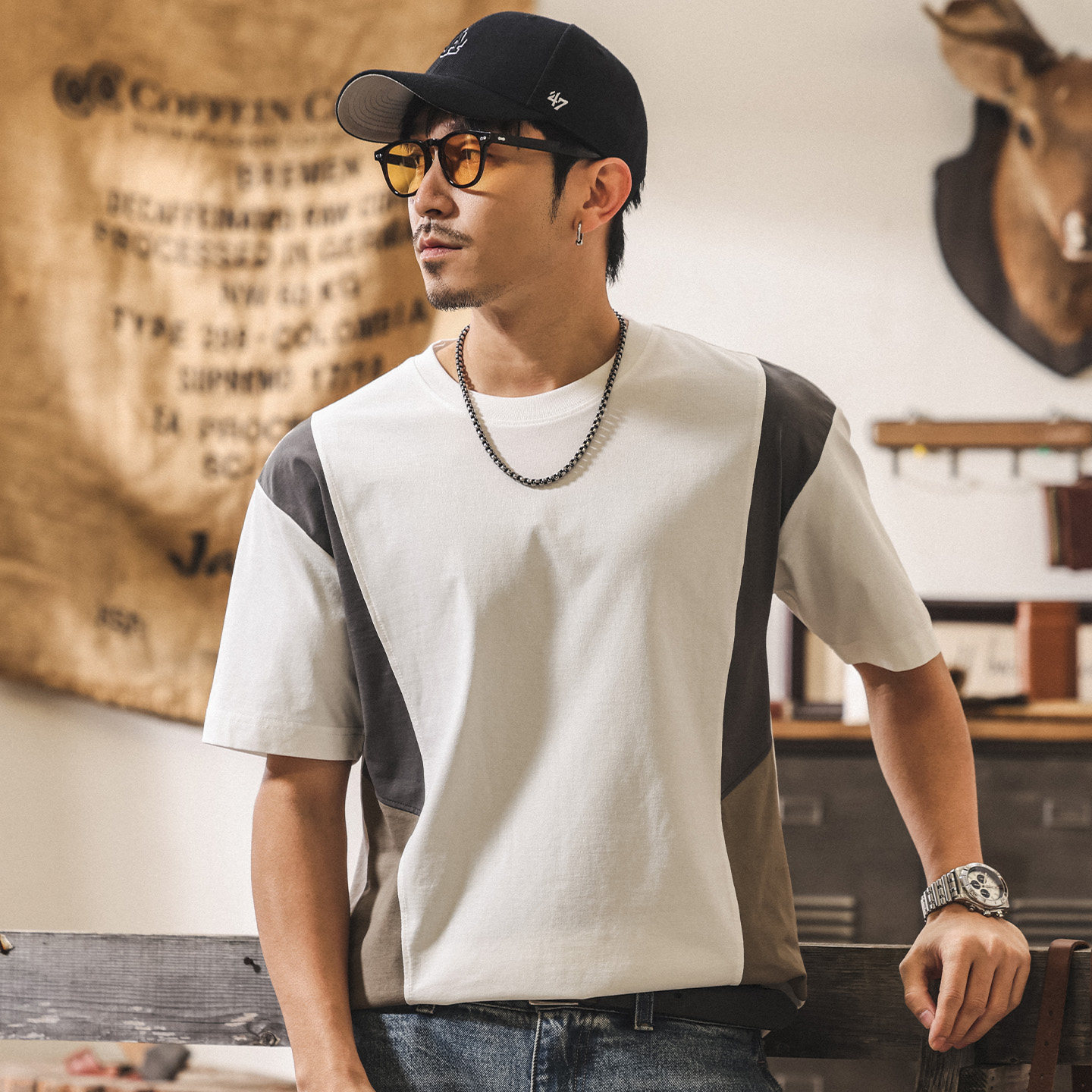 拼接撞色涼感棉男士短袖T恤夏季新款潮牌美式休閒復古寬鬆上衣男