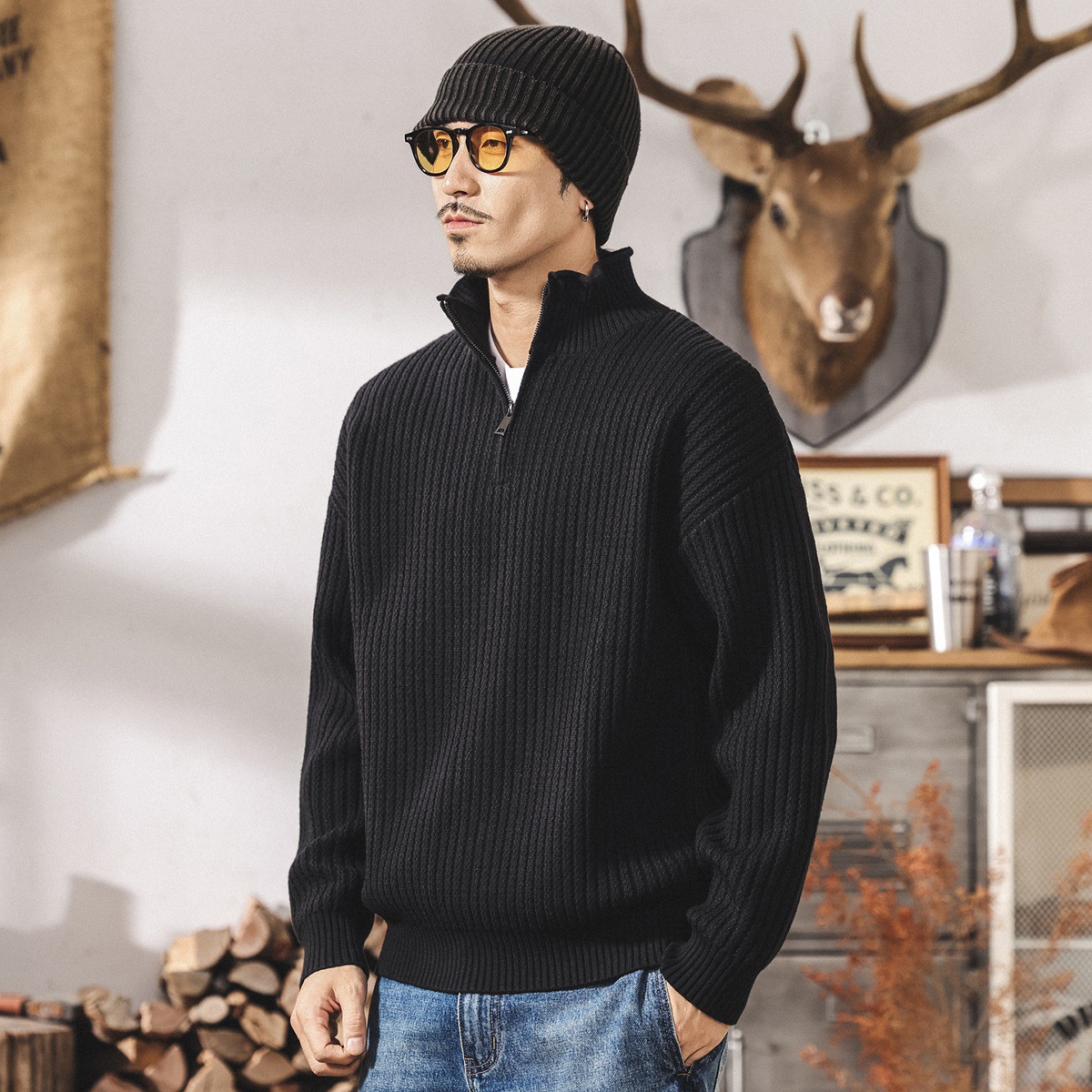 美式復古重磅毛衣男秋冬季潮牌寬鬆拉鍊半高領針織衫男士春秋外套