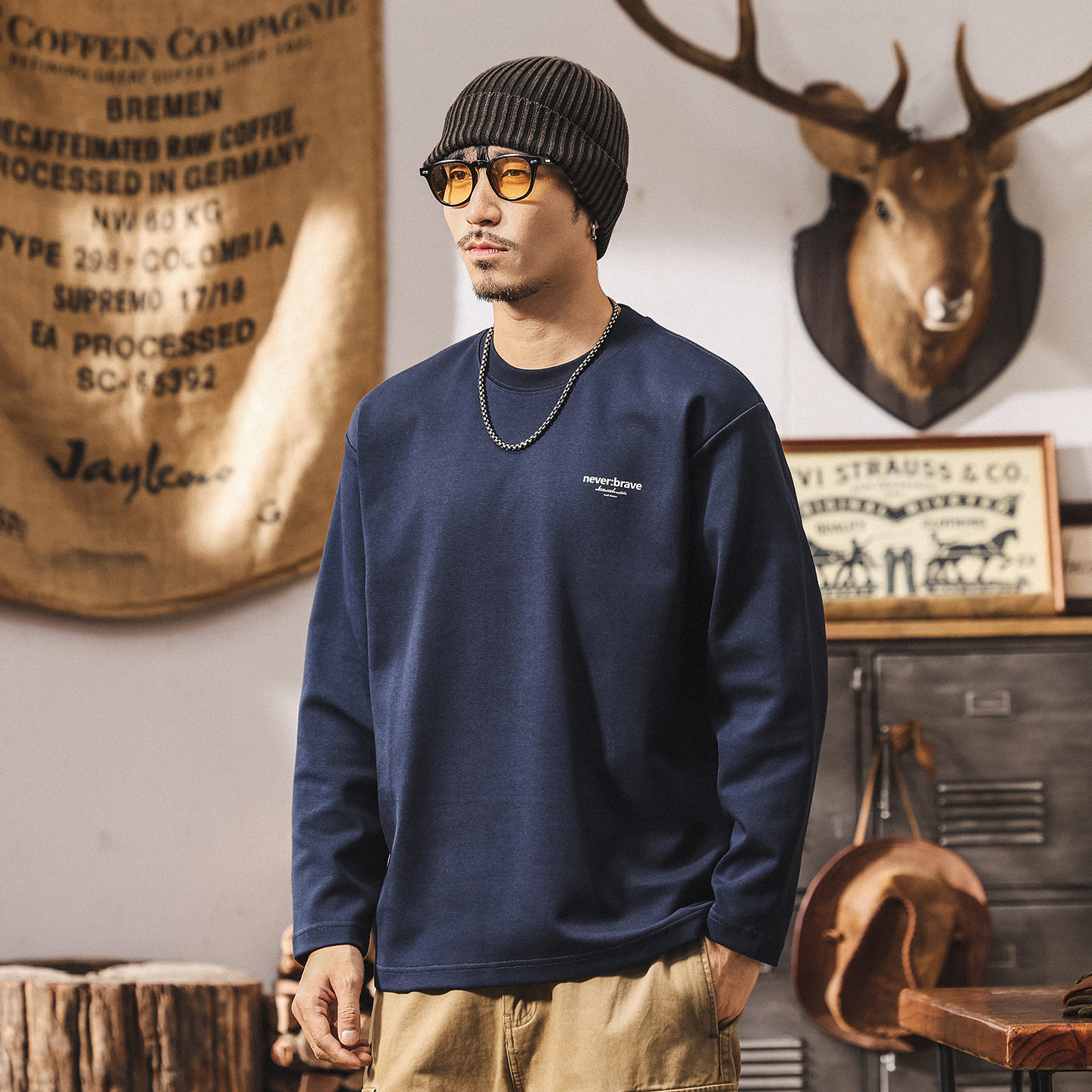 美式重磅復古長袖t恤男2025新款秋季潮流簡約寬鬆大碼休閒上衣男