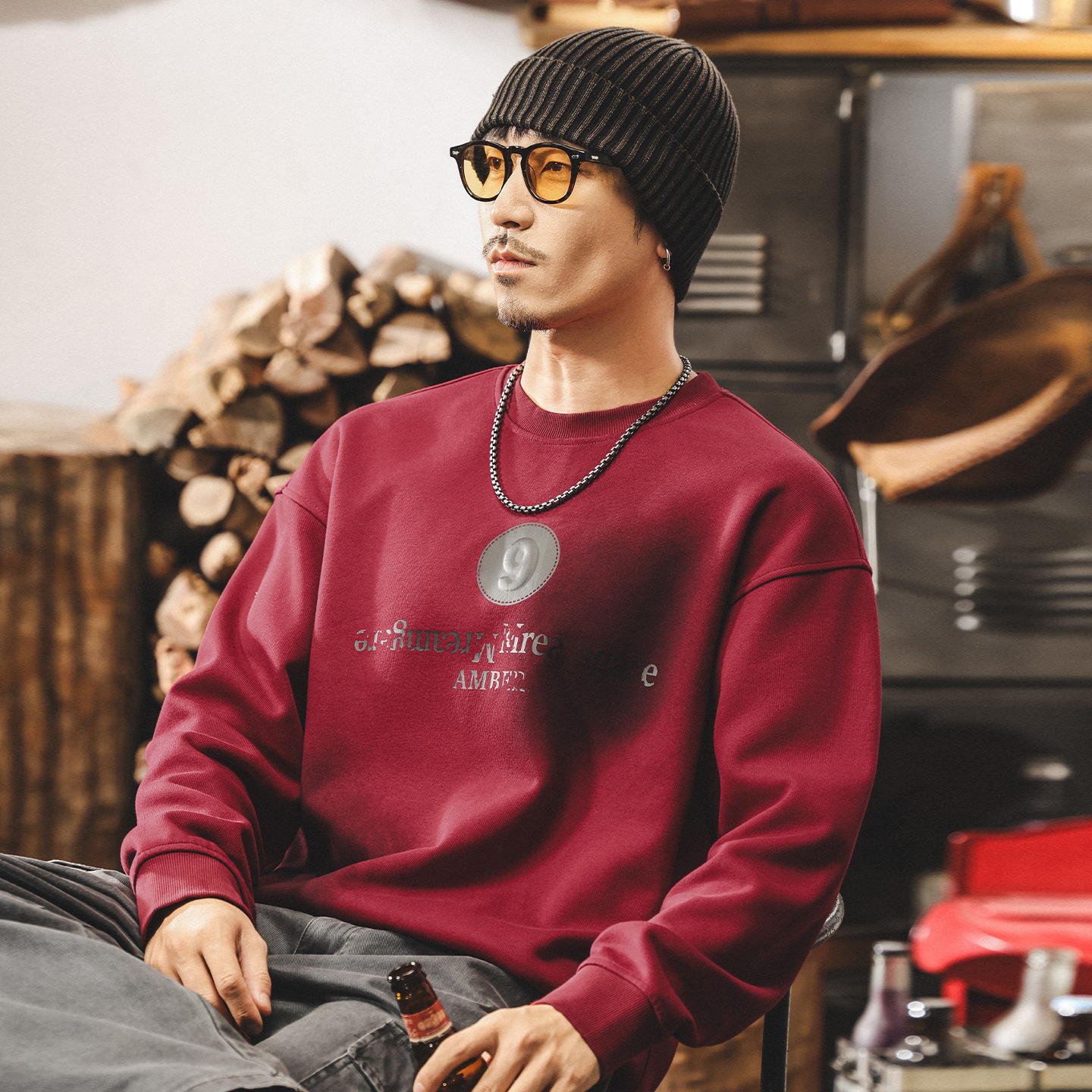 安可拉紅美式重磅衛衣男春秋2025新款潮牌髒染水洗寬鬆休閒上衣男