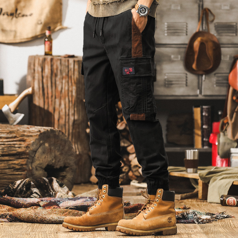 美式復古工裝褲子男秋季2024新款潮牌戶外束腳褲男士卡其色休閒褲