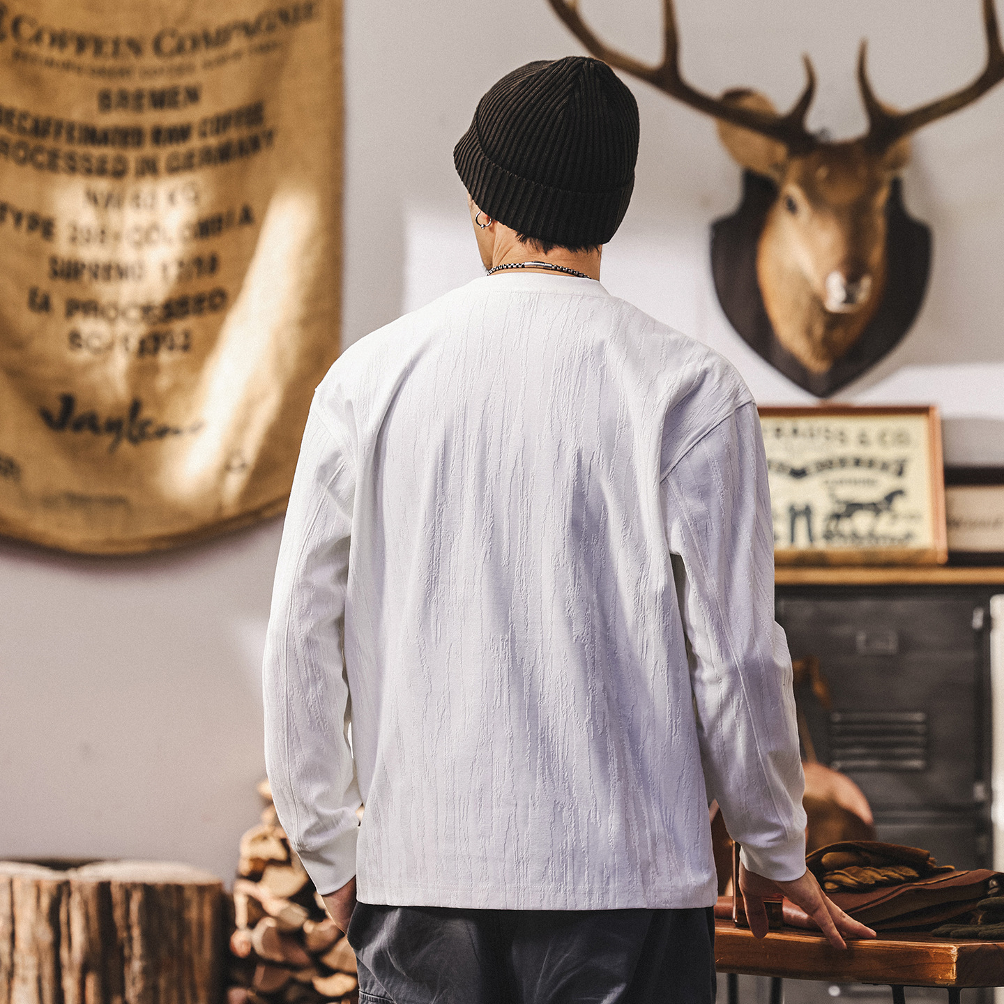 美式復古260g重磅t恤男長袖秋季新款樹紋肌理感寬鬆休閒男士上衣