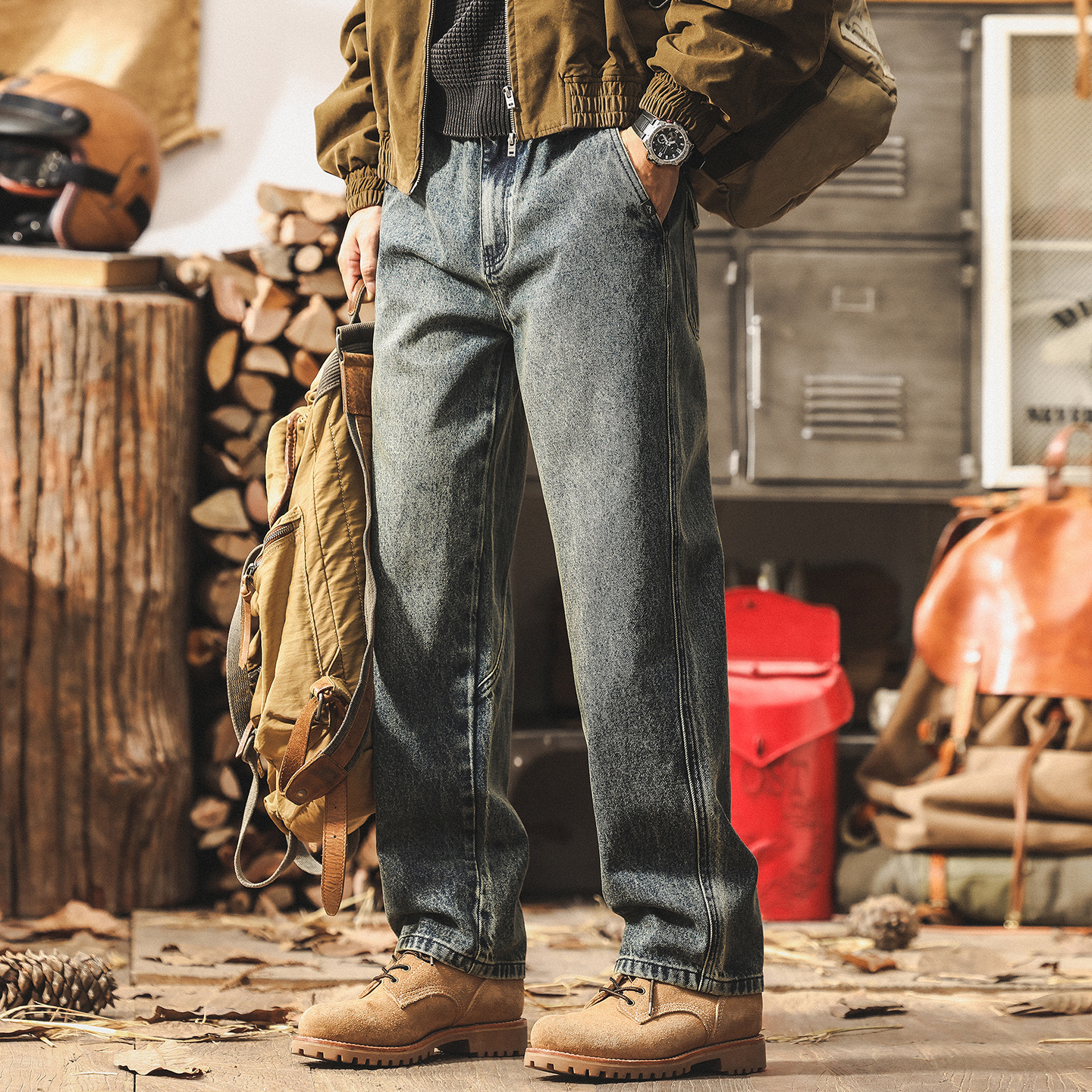 美式高街水洗牛仔褲男秋季新款寬鬆痞帥工裝褲子男潮牌直筒休閒褲