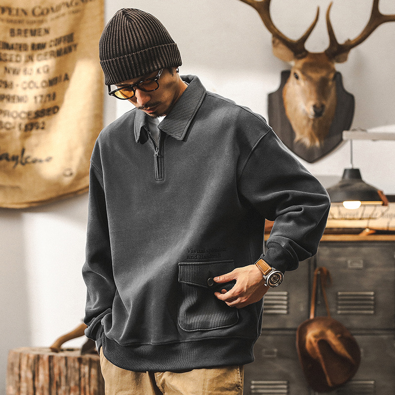 美式復古重磅保暖雙面絨衛衣男冬季潮牌半拉鍊POLO衫秋冬款外套男