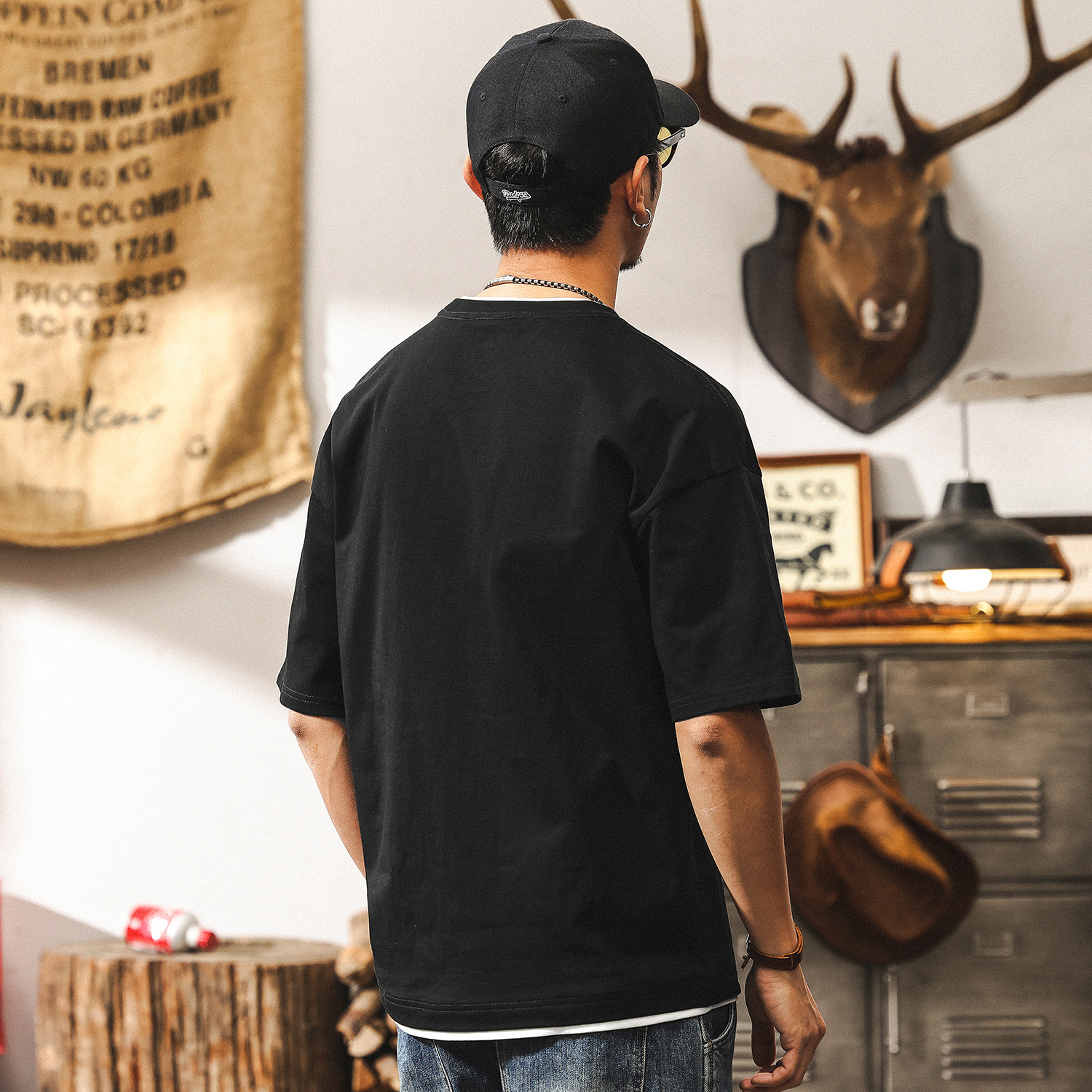 雙紗爽滑棉重磅假兩件T恤男短袖夏季潮牌設計感半截袖美式衣服男