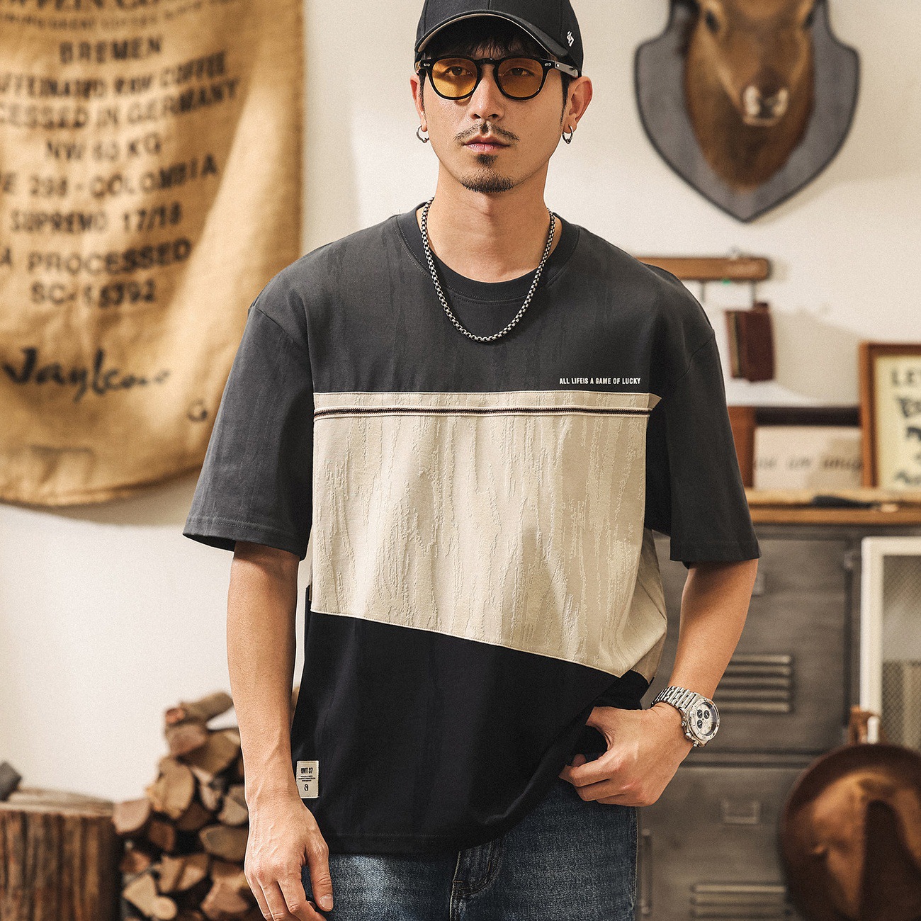 美式復古拼接提花T恤男夏季新款潮流男裝短袖寬鬆休閒上衣男T潮流