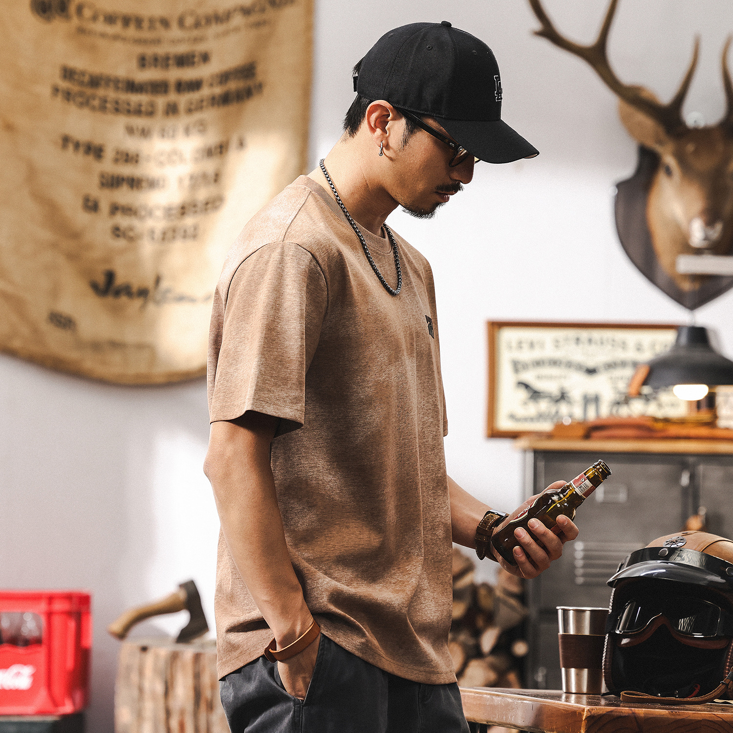 美式復古高級感雲染短袖T恤男夏季2025新款潮流寬鬆半截袖上衣男