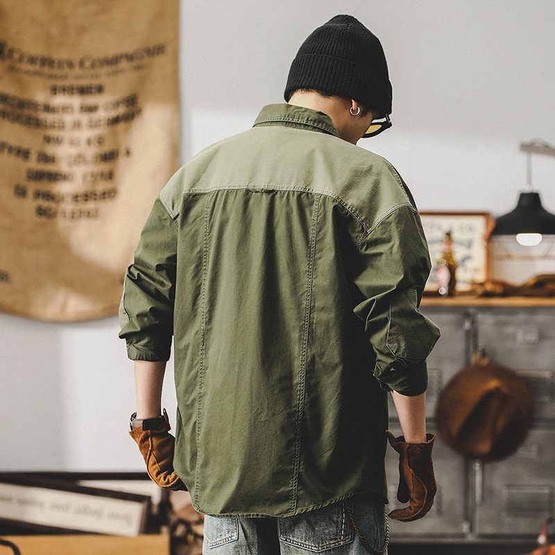 傑雷諾美式複古拼接工裝襯衫男秋季潮牌寬松休閑襯衣長袖男款外套