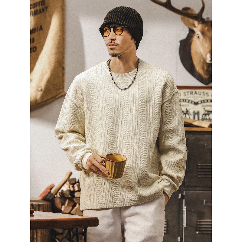 美式復古重磅t恤男長袖秋季潮牌空氣層衛衣男春秋寬鬆針織衫外套