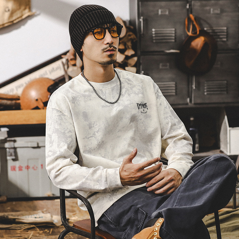 美式複古雲染水洗長袖T恤男秋季潮牌重磅設計感寬松休閑上衣男款T