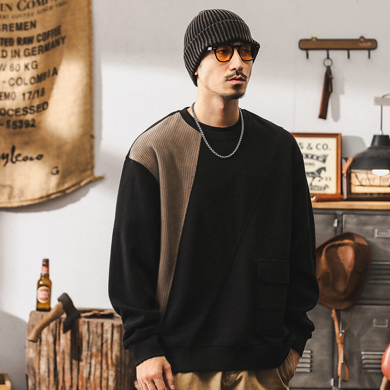 美式潮牌380g重磅雪尼爾衛衣男秋冬款寬鬆大碼拼接撞色潮流上衣男