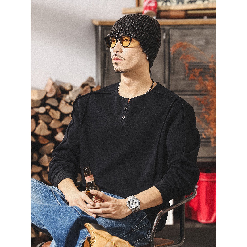 美式復古重磅亨利領衛衣男春秋款潮牌寬鬆男士polo衫長袖寬鬆上衣