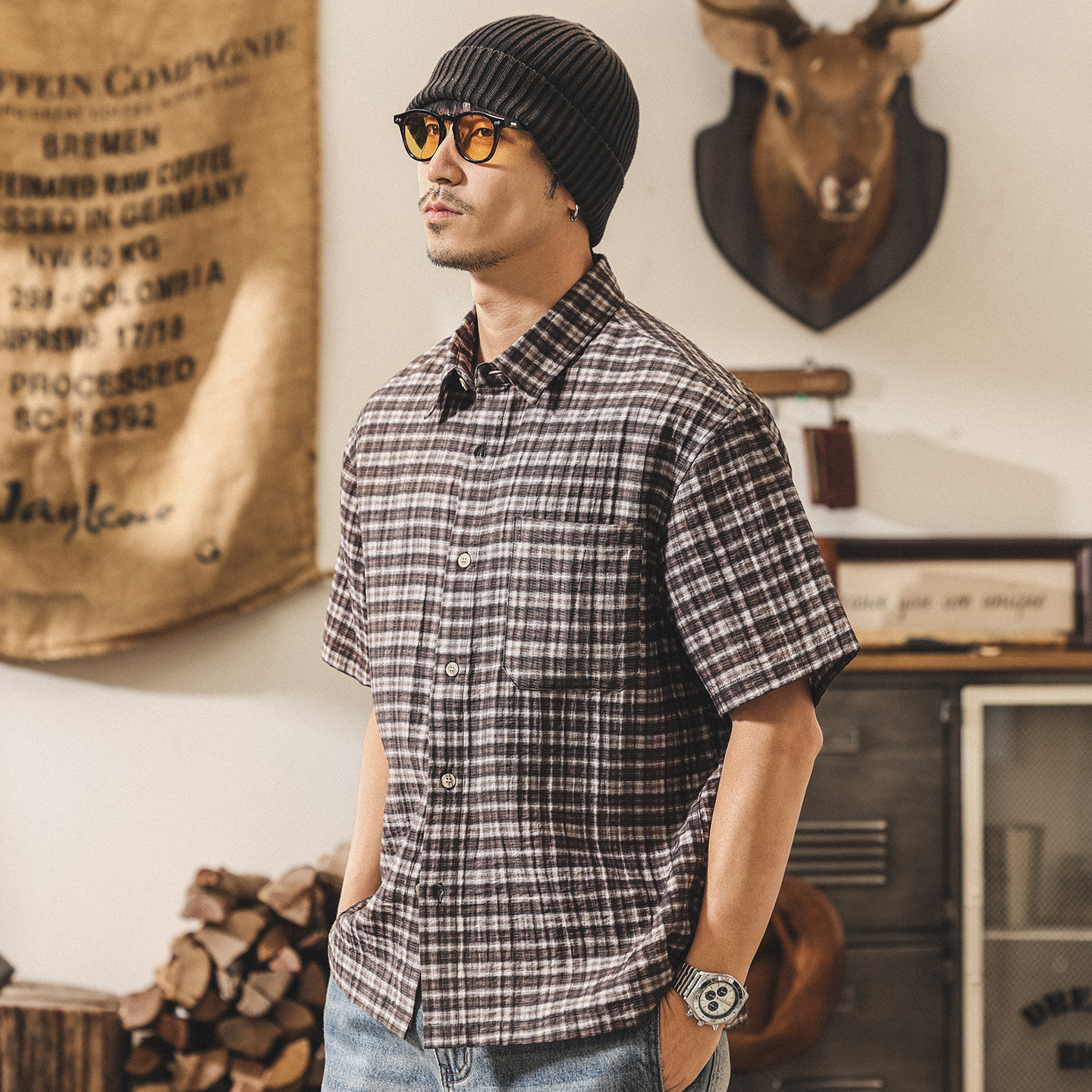 美式復古萊賽爾格子襯衫男短袖夏季薄款潮牌男裝寬鬆半袖男士襯衣