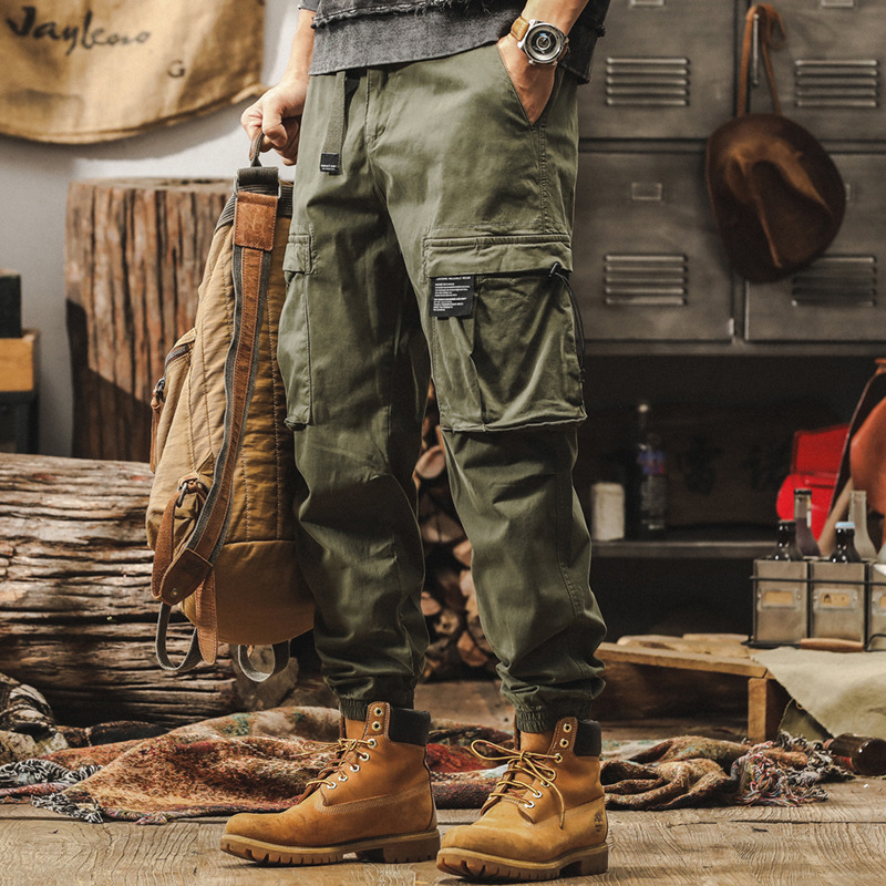 美式復古軍綠色工裝褲子男士2025新款秋季寬鬆束腳男褲潮牌休閒褲