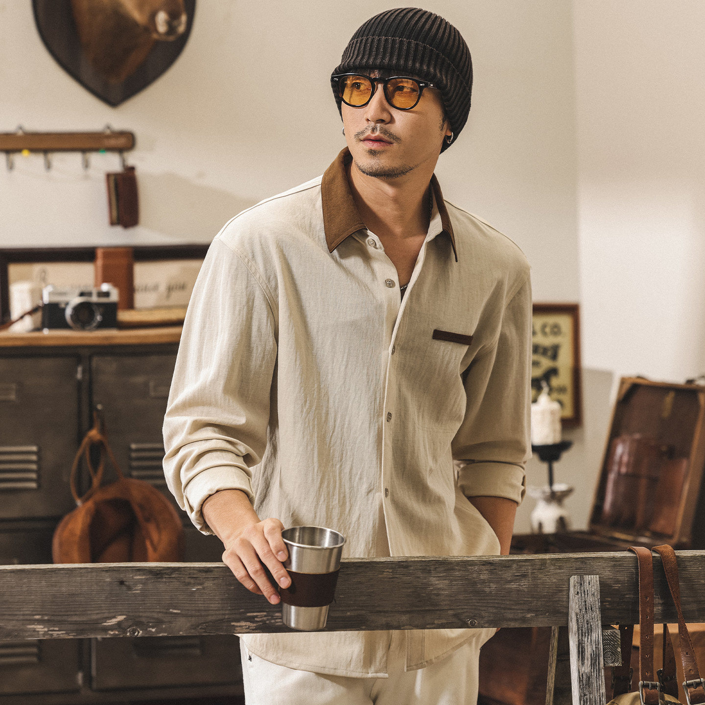 萊賽爾透氣垂感長袖襯衫男春季外套2026新款美式復古潮流男裝襯衣