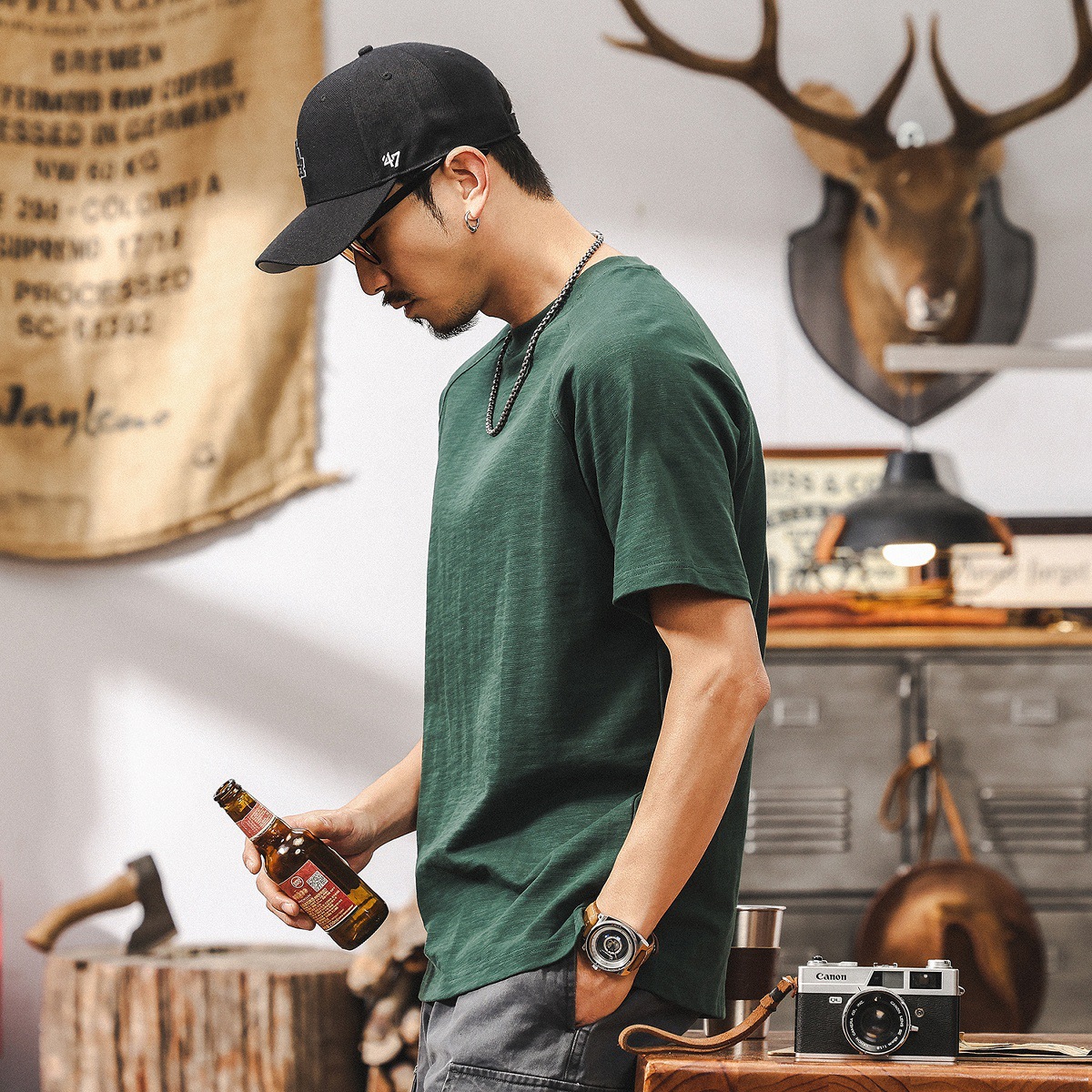 美式復古21支高密竹節T恤男夏季短袖潮牌寬鬆男士插肩袖上衣