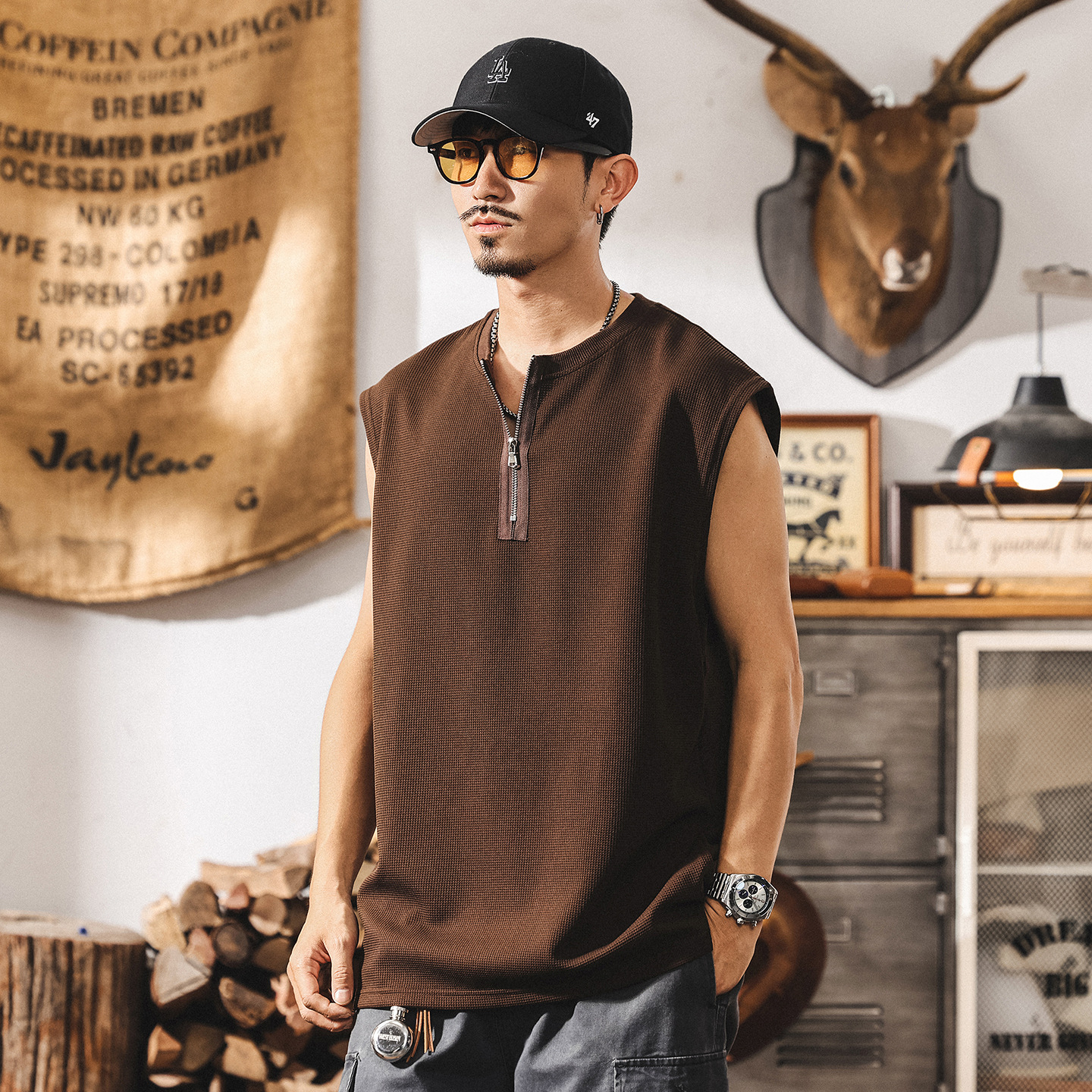 美式復古拉鍊運動健身背心男士寬鬆潮牌新款華夫格肌理感硬漢T恤