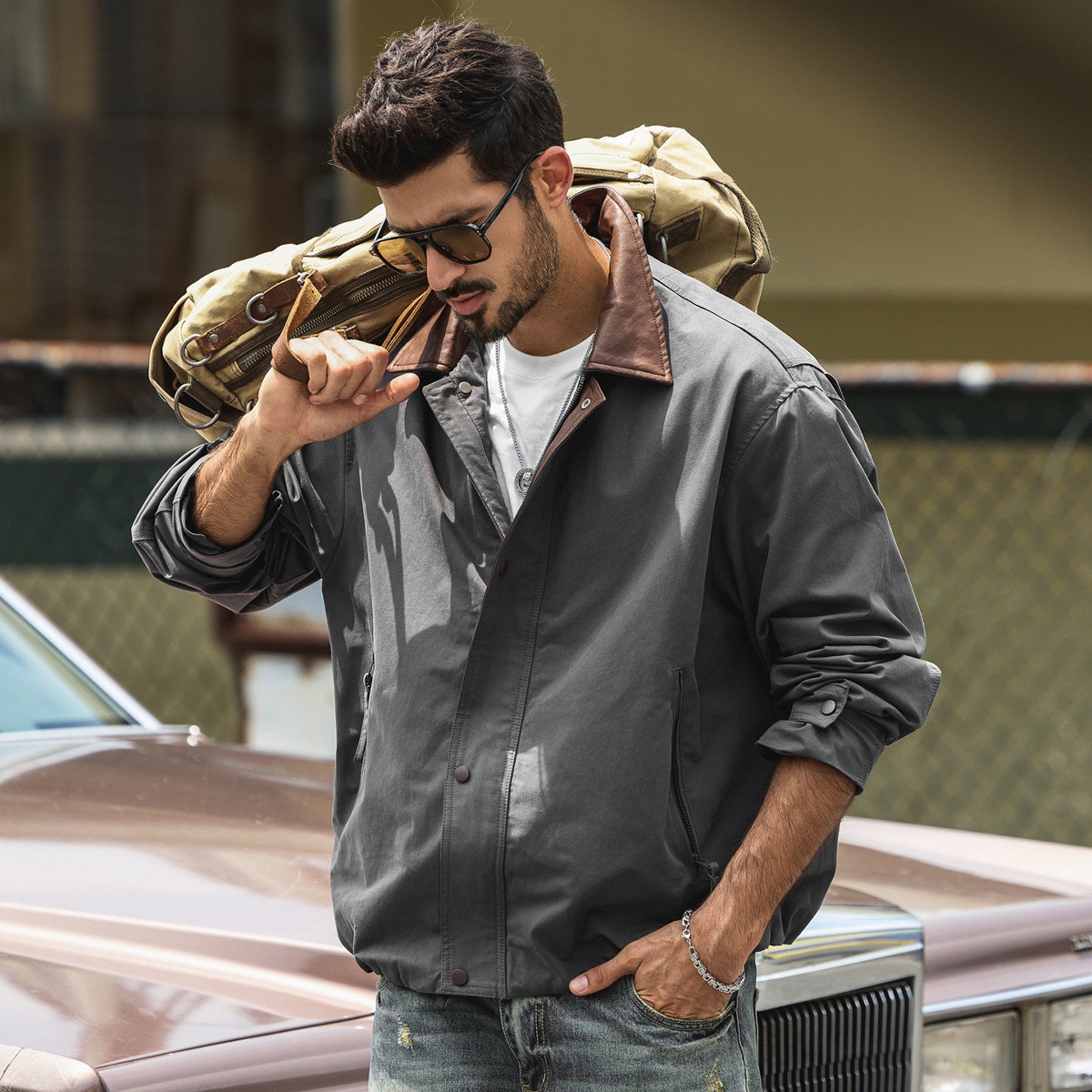 美式復古春季新款男士外套拼接潮牌襯衫式寬鬆休閒春秋工裝夾克男