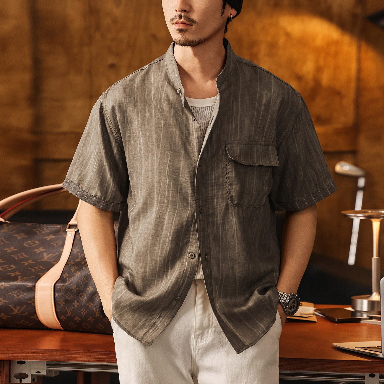 老錢風萊賽爾亞麻條紋短袖襯衫男夏季潮牌新中式男裝寬鬆立領襯衣
