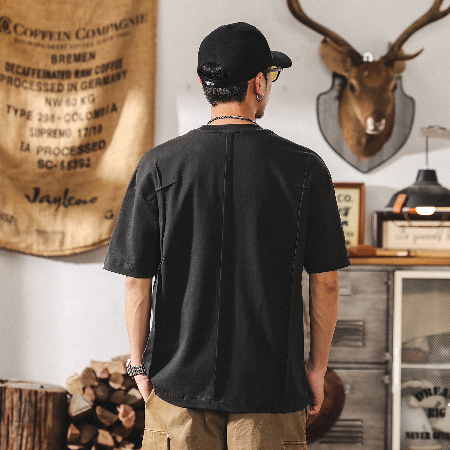 美式復古夏季涼感T恤男短袖重磅痞帥設計感拼接潮流寬鬆上衣