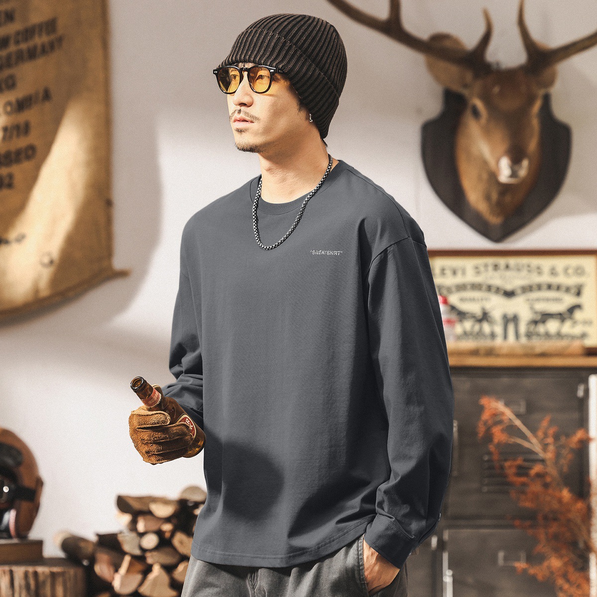 美式復古秋季長袖T恤男2025新款寬鬆男裝潮牌休閒男士透氣上衣潮T