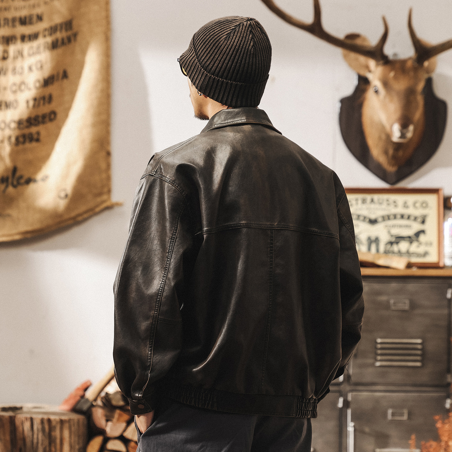 美式復古廢土風PU軟皮衣外套男春秋寬鬆不羈帥氣潮流機車皮夾克男