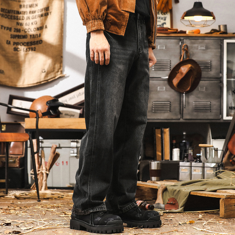 美式重磅復古黑色牛仔褲子男秋季2024新款寬鬆潮牌大碼直筒闊腿褲