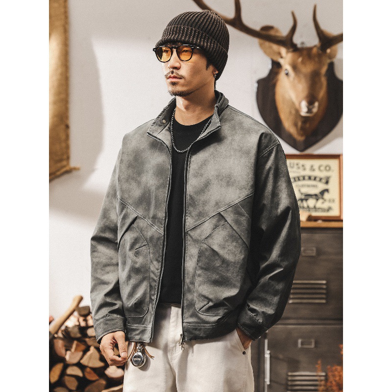 美式復古髒染潮流立領夾克男春秋2025新款寬鬆潮牌男士外套秋季潮
