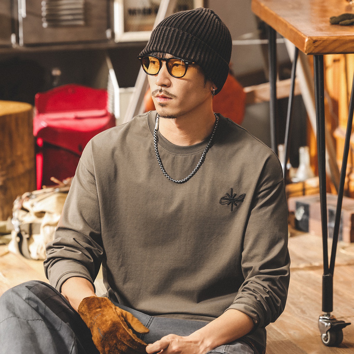 美式復古長袖t恤男秋季2025新款刺繡潮牌寬鬆大碼休閒男士上衣潮T