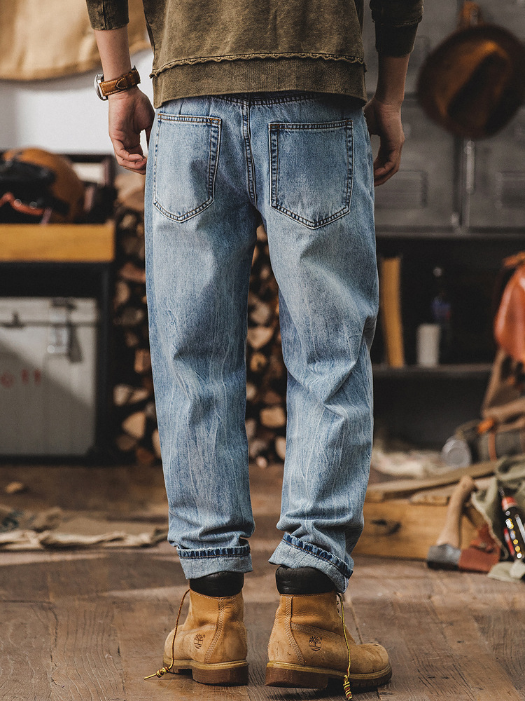 美式經典淺藍色直筒牛仔褲男春季2024新款復古磨白扎花水洗休閒褲