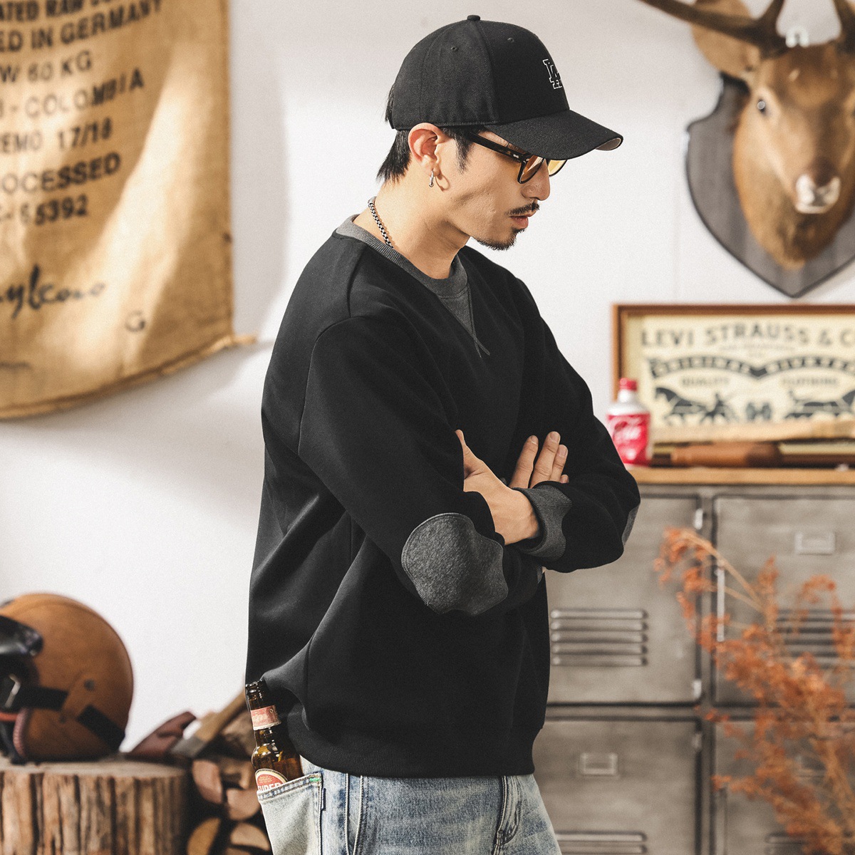 美式復古重磅圓領衛衣男春秋新款撞色假兩件潮牌寬鬆大碼休閒上衣