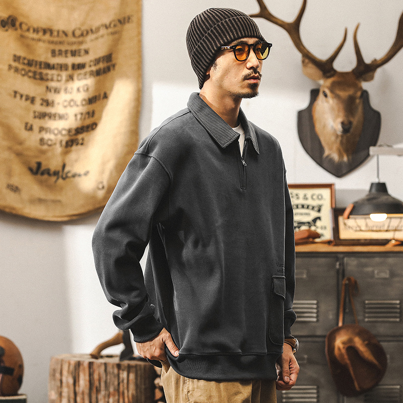 美式復古重磅保暖雙面絨衛衣男冬季潮牌半拉鍊POLO衫秋冬款外套男