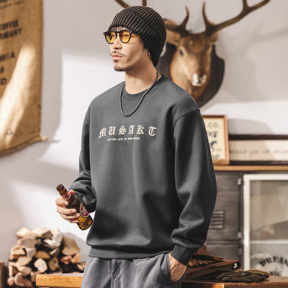 美式復古重磅衛衣男春秋新款潮流印花上衣寬鬆休閒紫色長袖男t恤