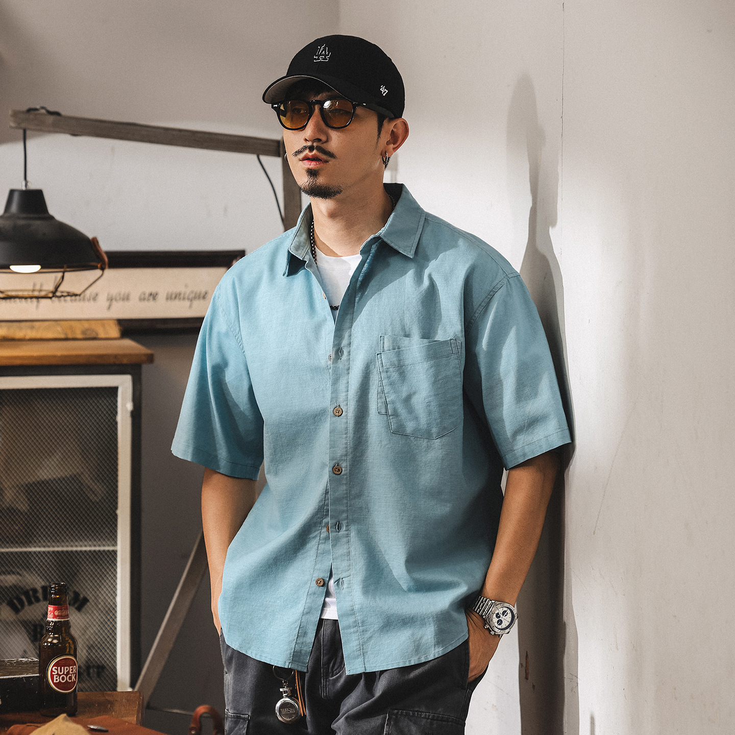 夏季新款亞麻襯衫男士短袖新款2025寬鬆高級感休閒襯衣薄款外套潮