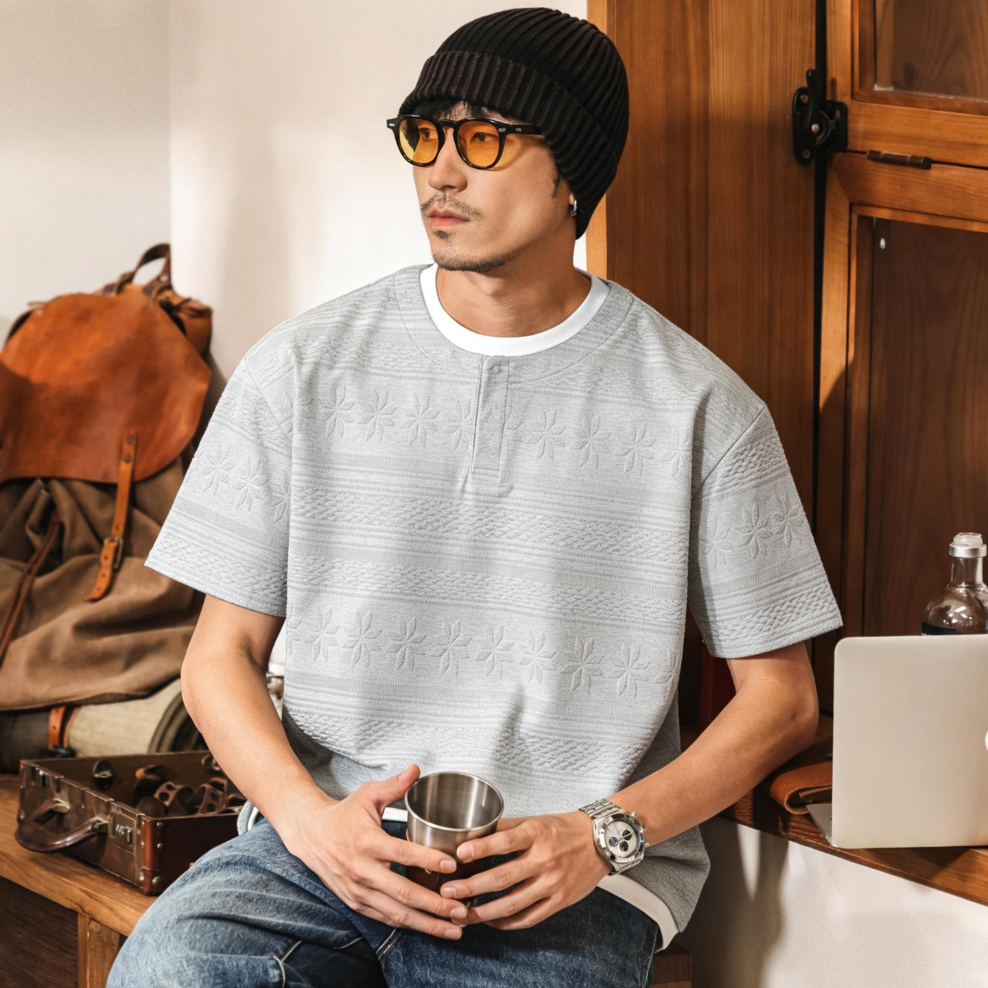 費爾島提花短袖T恤男夏季新款潮流美式復古假兩件寬鬆休閒上衣男