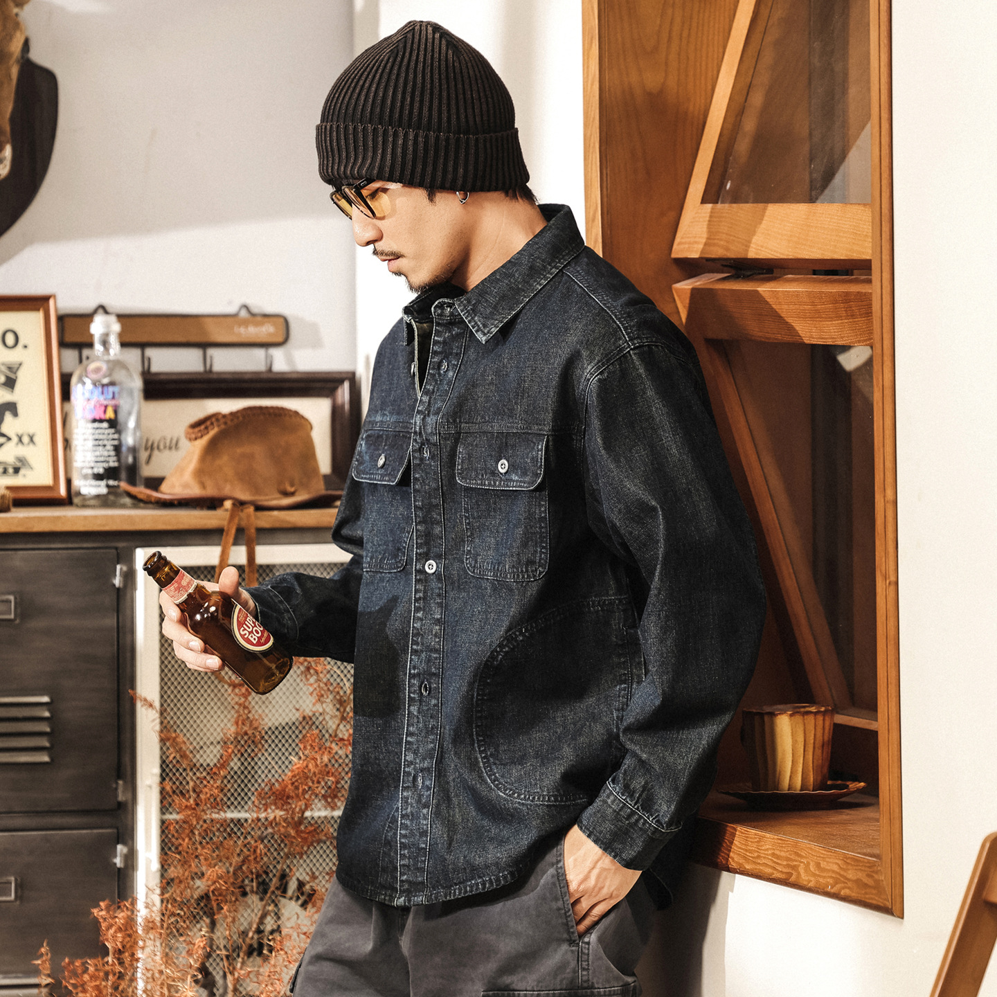 美式復古保色水洗原生靛藍色牛仔襯衫外套男春秋潮牌寬鬆工裝夾克