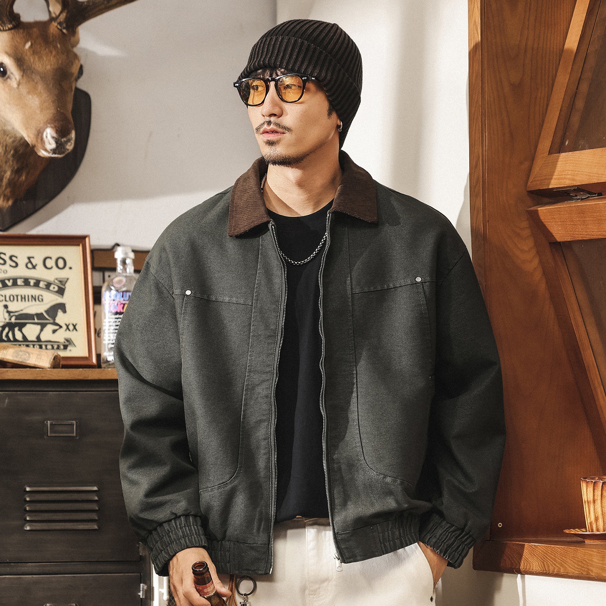 美式復古霜感巴恩風外套男春秋2025新款潮牌工裝寬鬆行政教練夾克