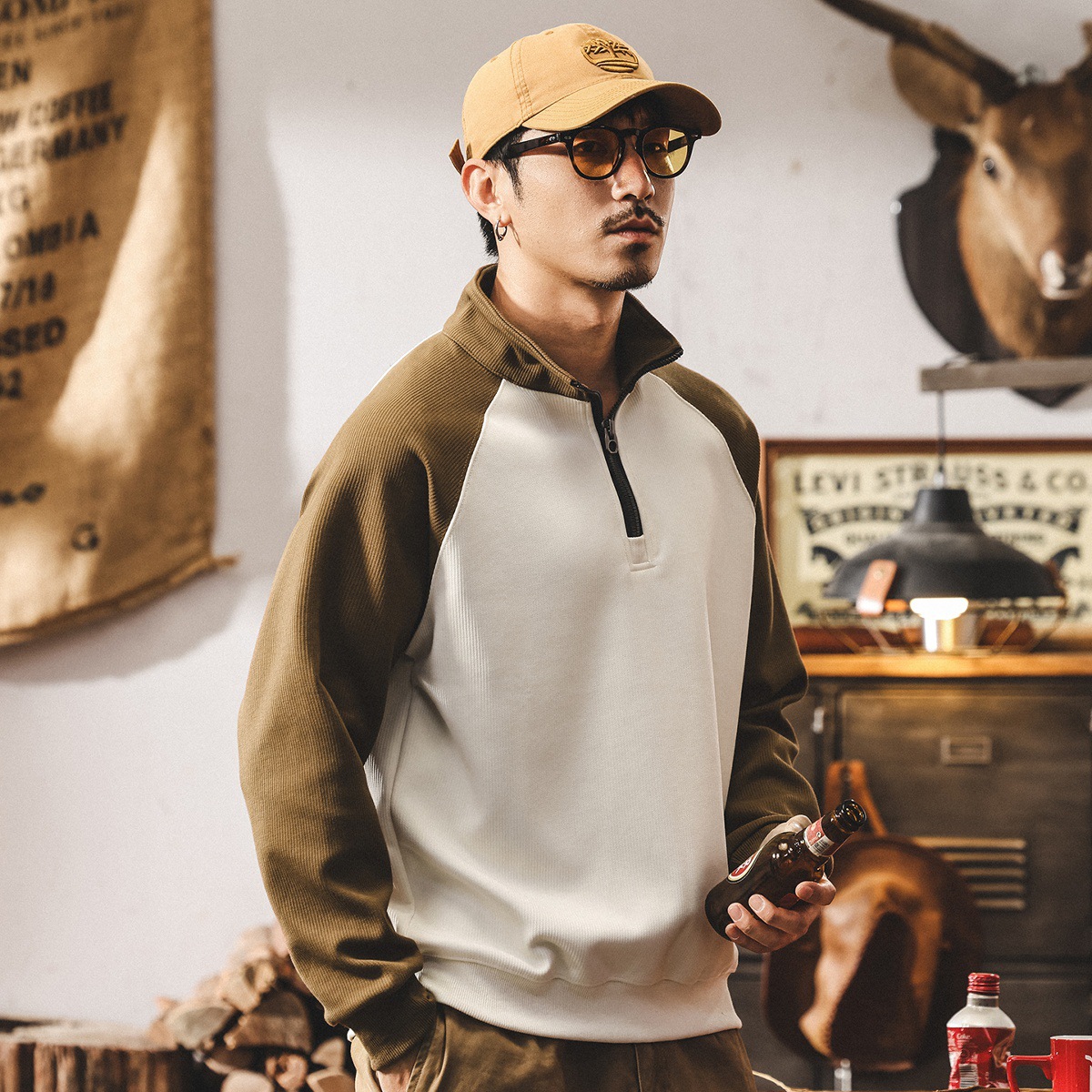 美式復古重磅拉鍊半高領衛衣男2025新款春秋潮牌撞色寬鬆休閒上衣